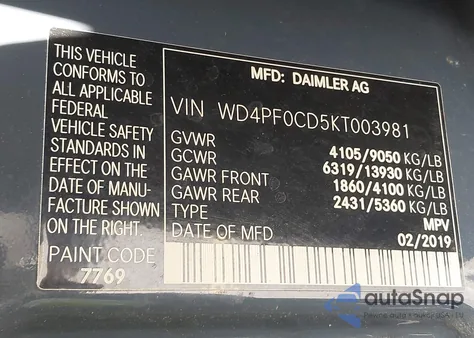 2019 Mercedes-Benz Sprinter 2500 Standard Roof V6 z USA, uszkodzony, nr VIN WD4PF0CD5KT003981